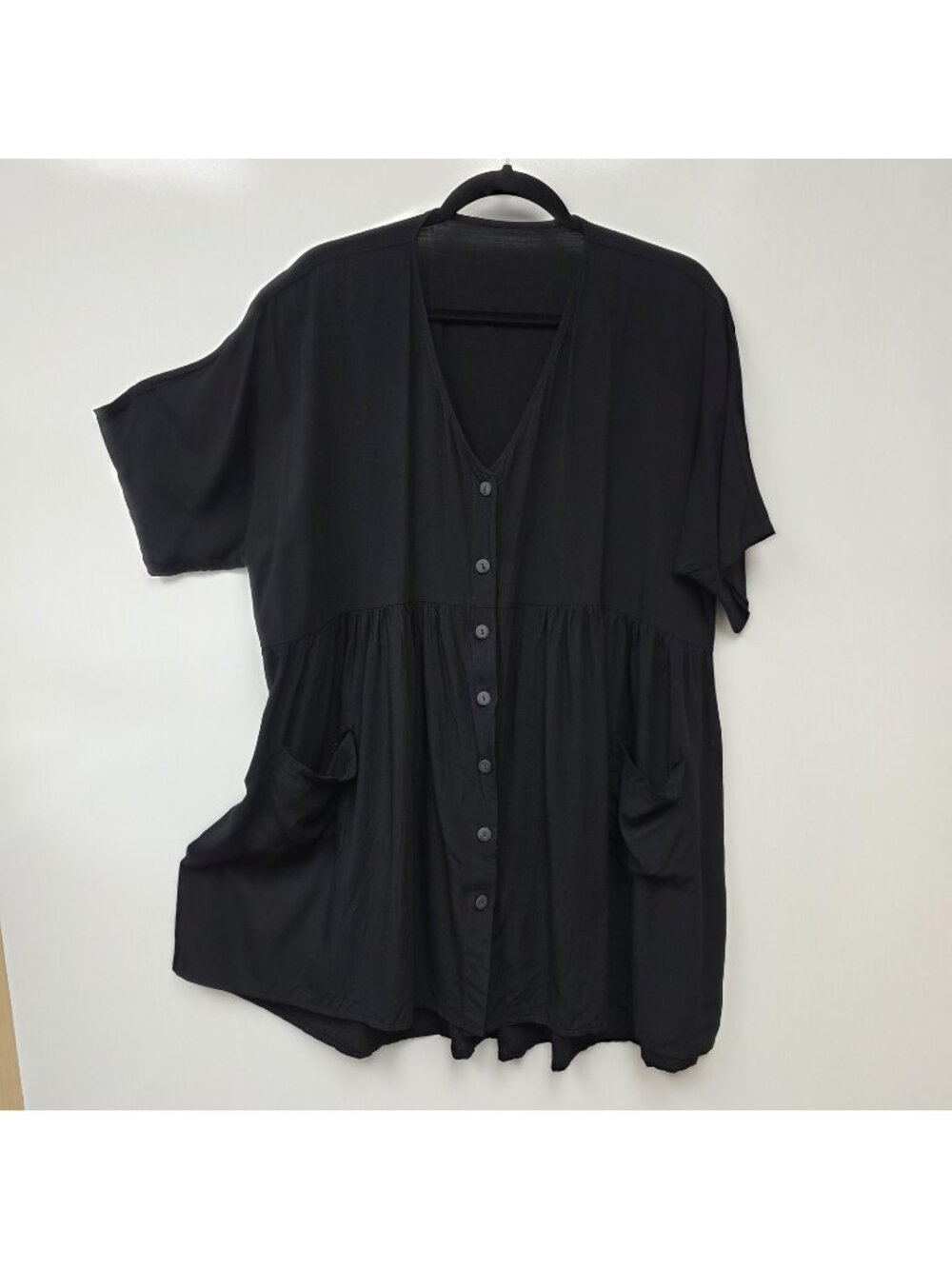 Shirt Dress Womens One Size Black Button Front Short Sleeve Oversized Swing